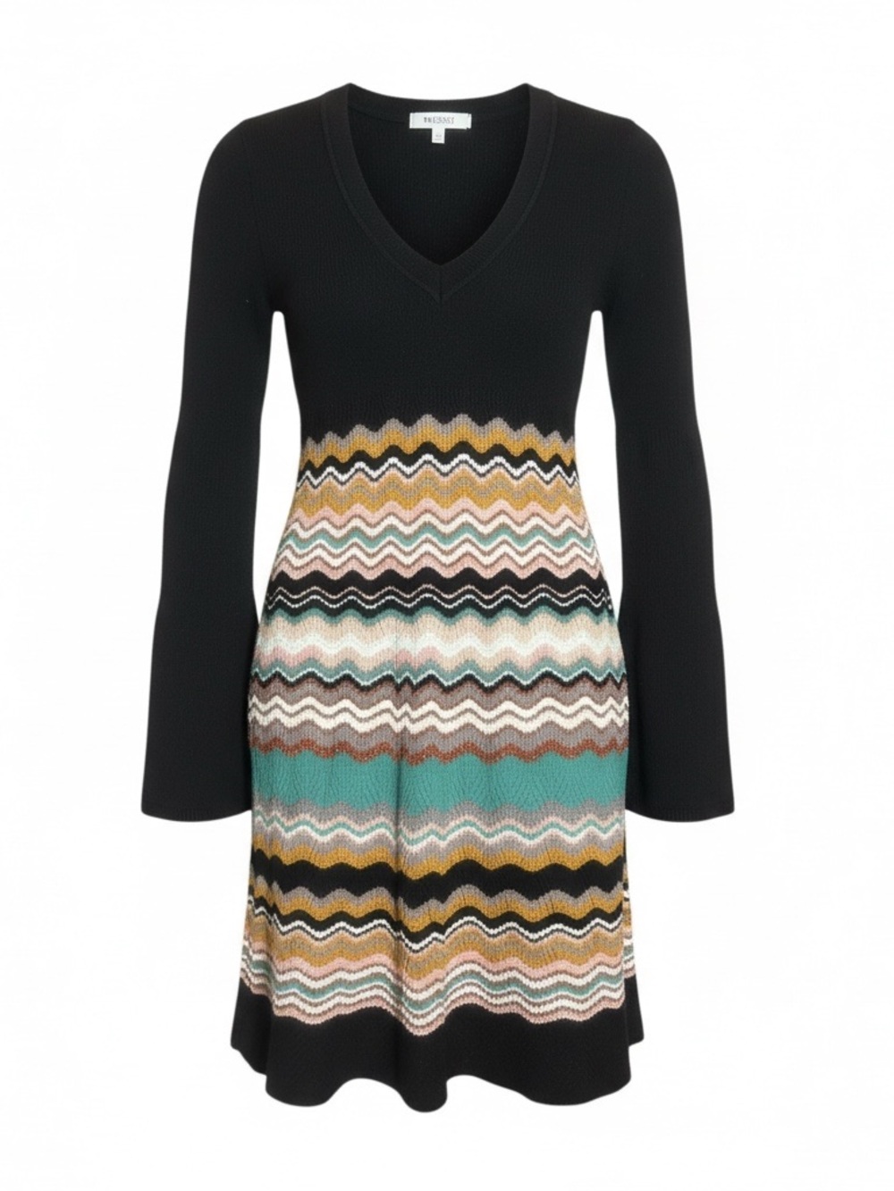 Missoni Black Knit Long-Sleeve Dress Multicolor Chevron Skirt, Made in Italy
